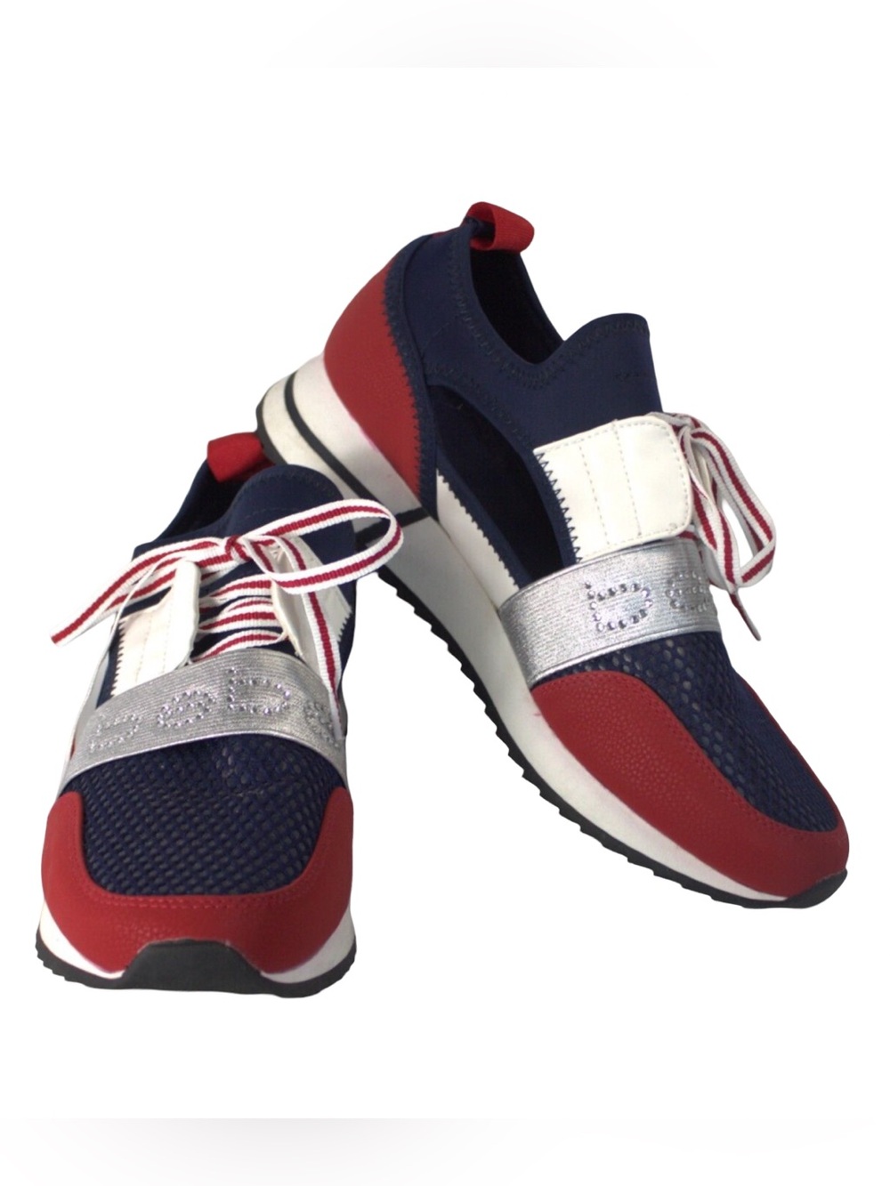 ❤️💙 bebe Red Navy Silver Lace-Up Slip-On Sneakers‎ with rhinestone detail 💙❤️